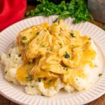 Crock Pot Chicken and Gravy on top of a bed of potatoes on a plate with parsley in the background