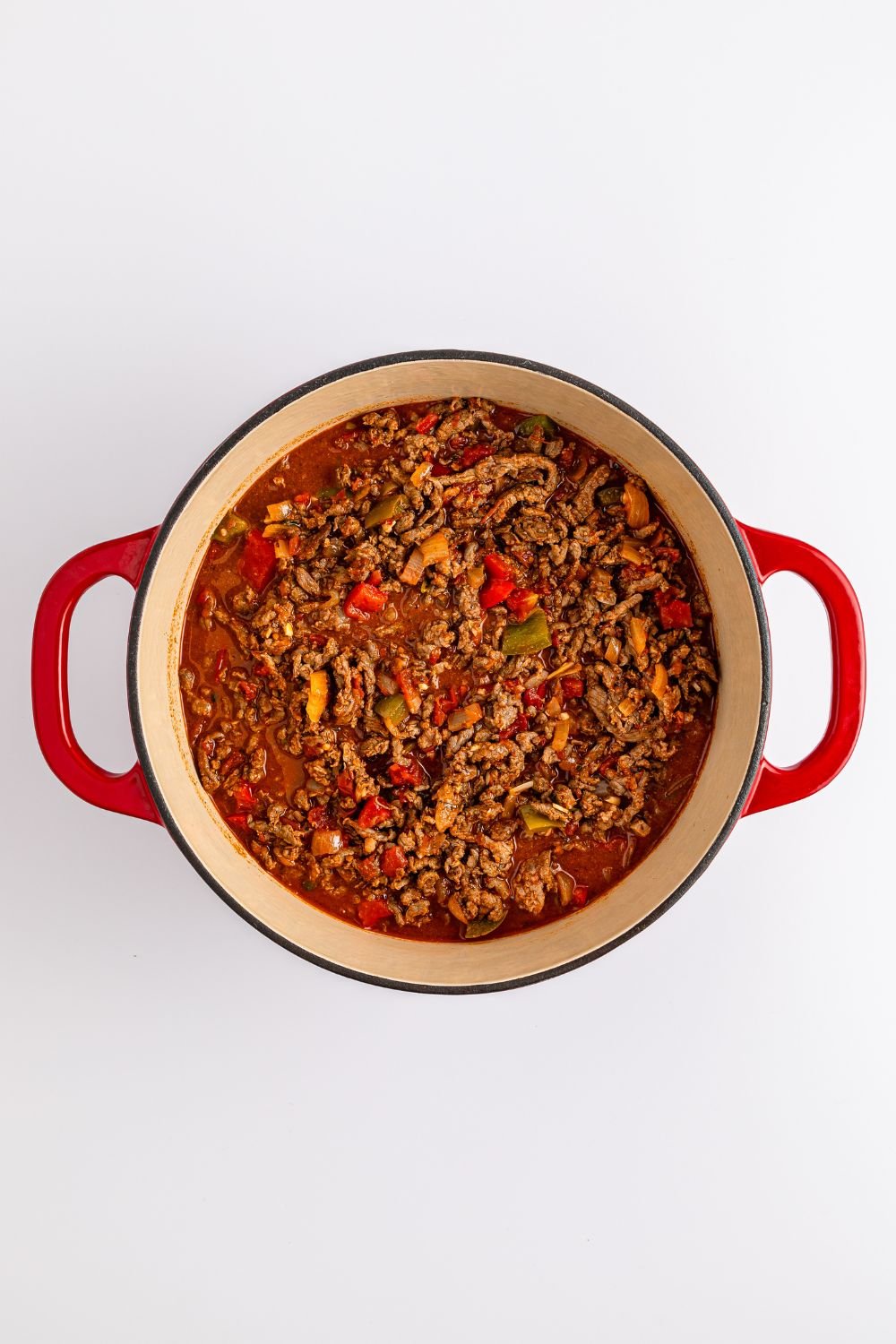 overhead look of Carne Picada in a Dutch oven