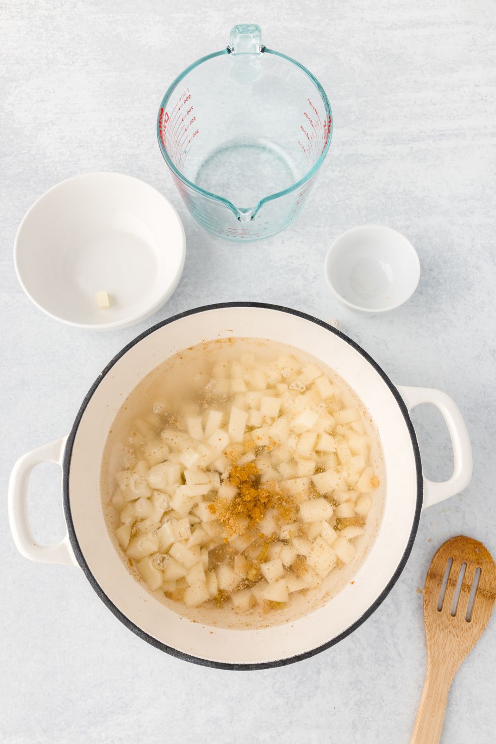 New England Clam Chowder ingredients in a bowl in the raw state before it has been cooked 