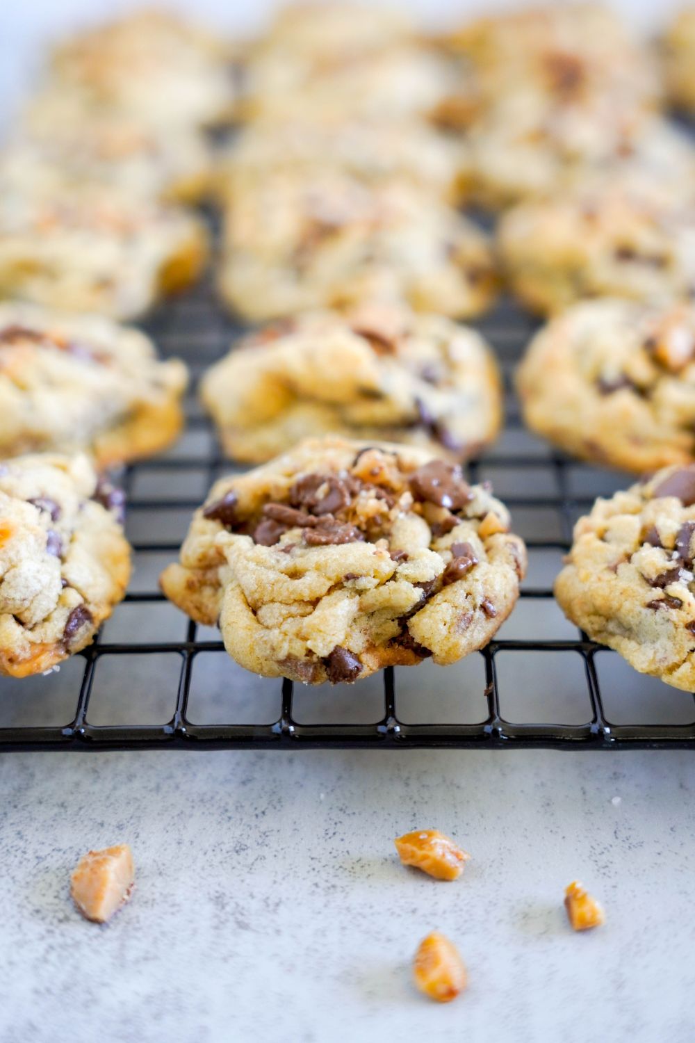 Chocolate Chip Toffee Cookies on cooling rack 