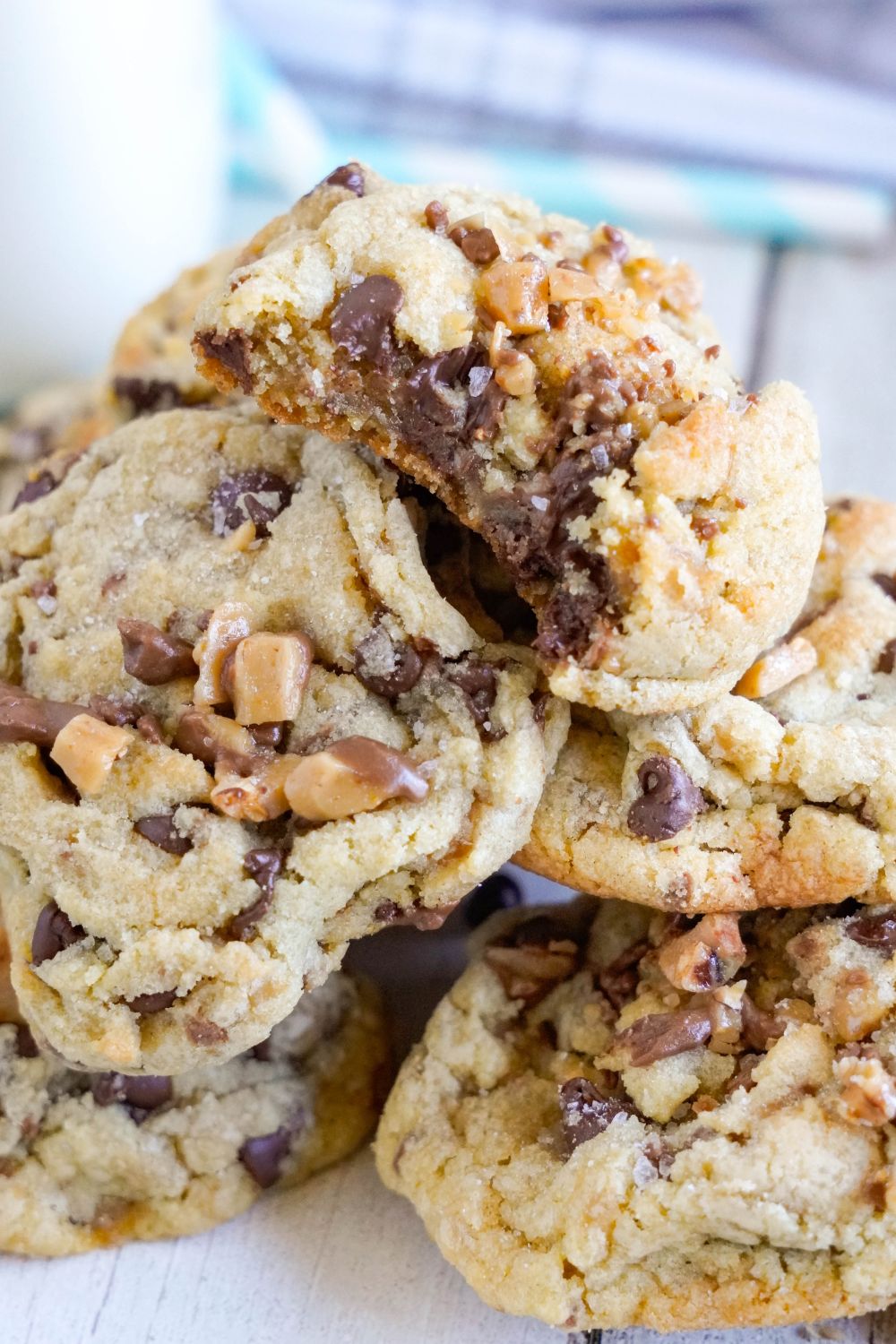 Chocolate Chip Toffee Cookies stacked on top of each other 