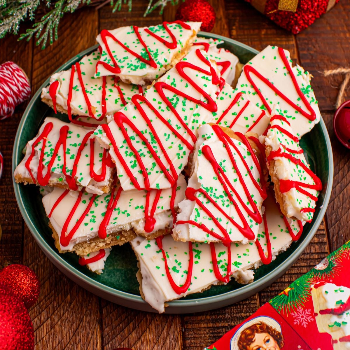 Christmas Tree Crack scattered and placed on plate on table 