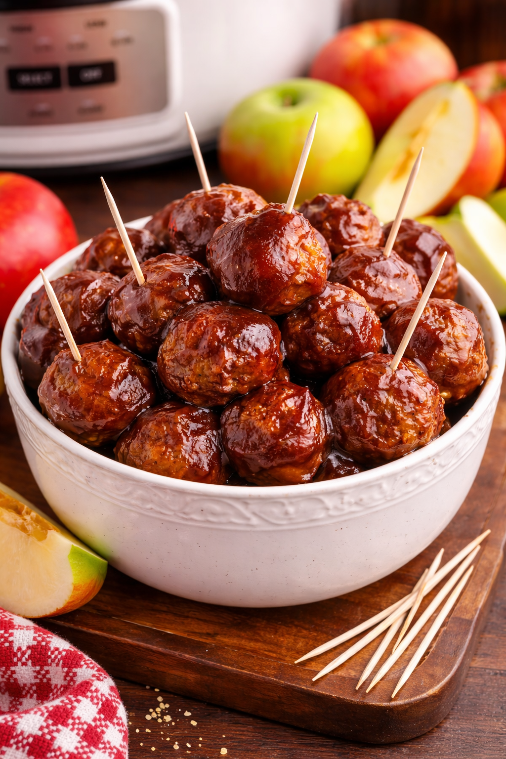 bowl of apple butter bbq meatballs on counter with toothpicks in a container to the side
