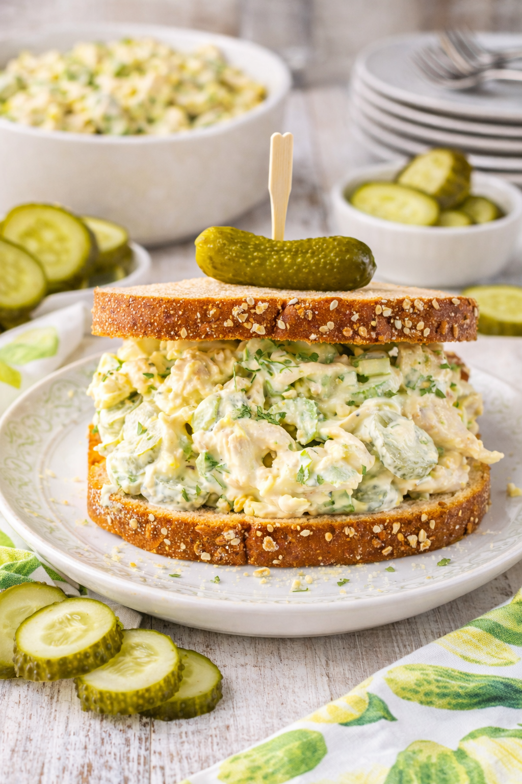 Pickle Chicken Salad on bread sitting on a plate with a pickle sitting on the top of the bread