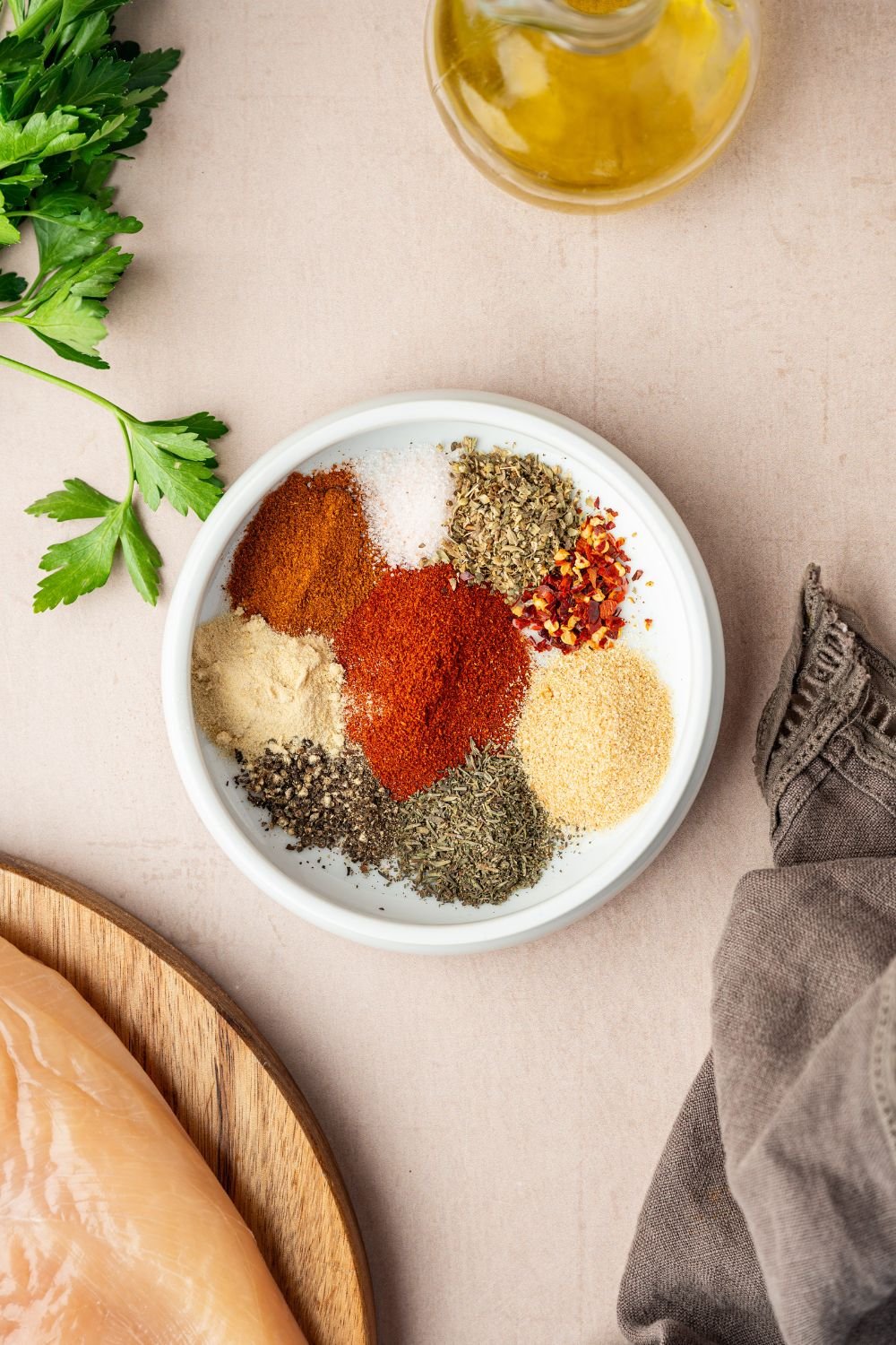 spices in a small plate sitting on table for a blackened seasoning blend