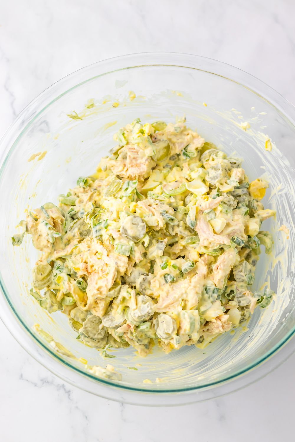 Pickle Chicken Salad in a glass bowl 