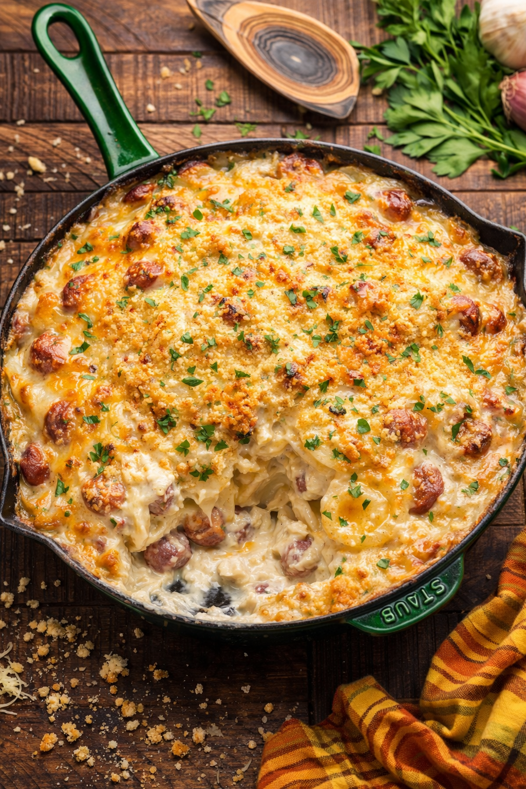 Overhead view of Au Gratin Potatoes & Ham in a cast iron skillet with a bunch missing 