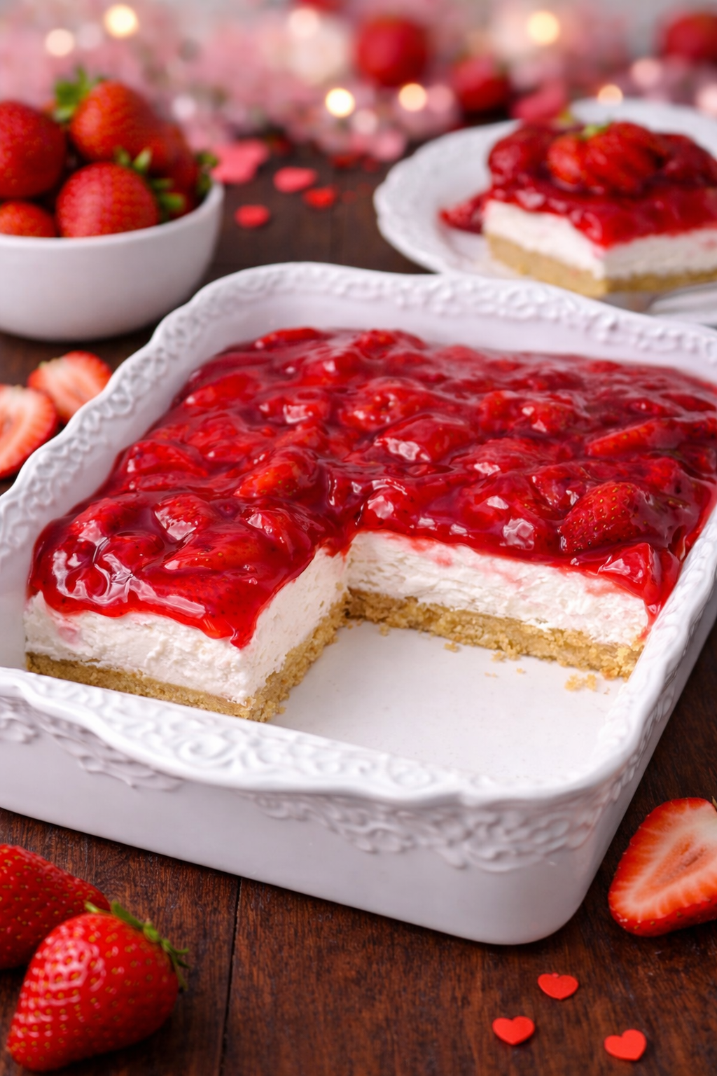 No Bake Strawberry Delight in a baking dish with slices missing 