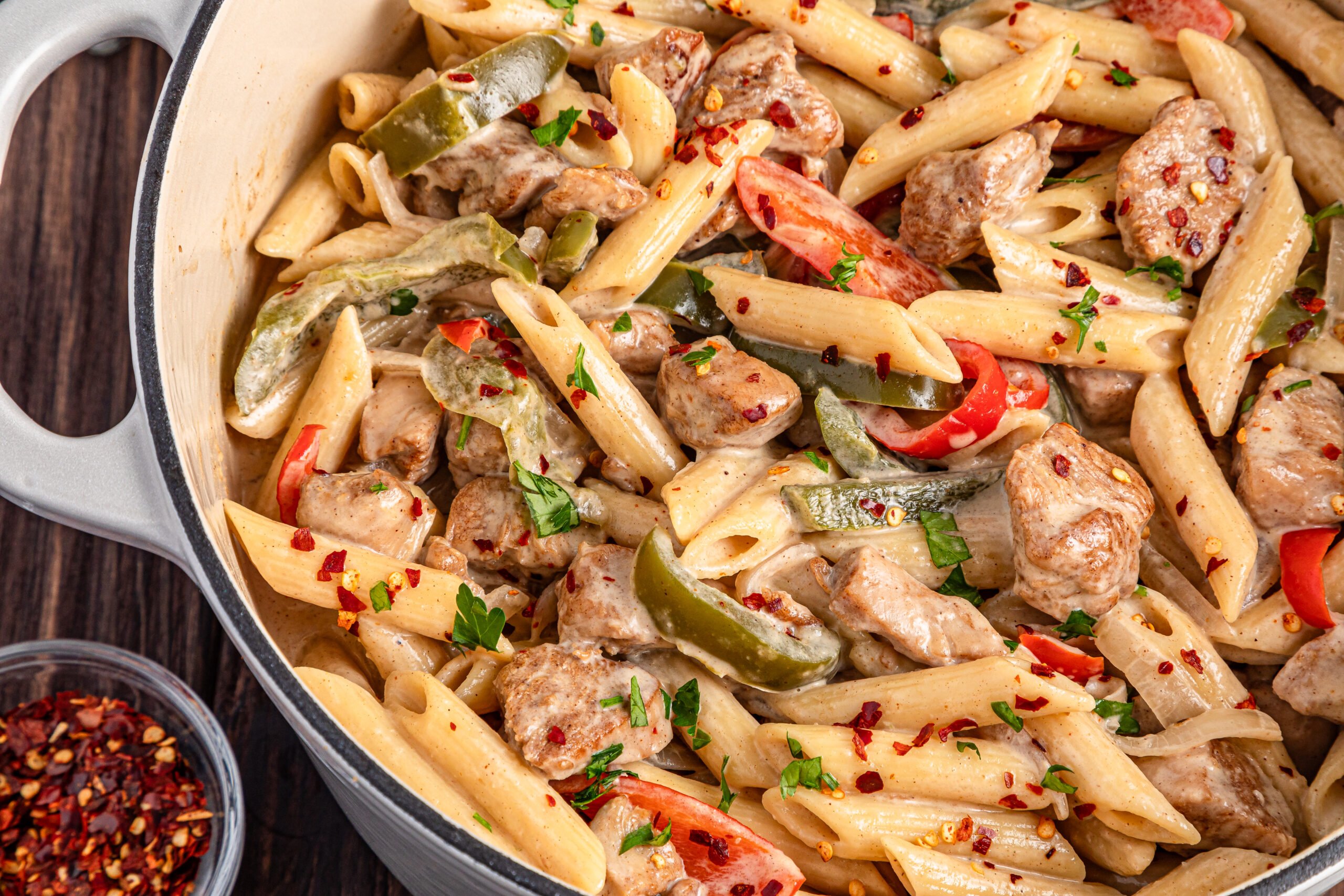 Rasta pasta in a large pot showing the texture