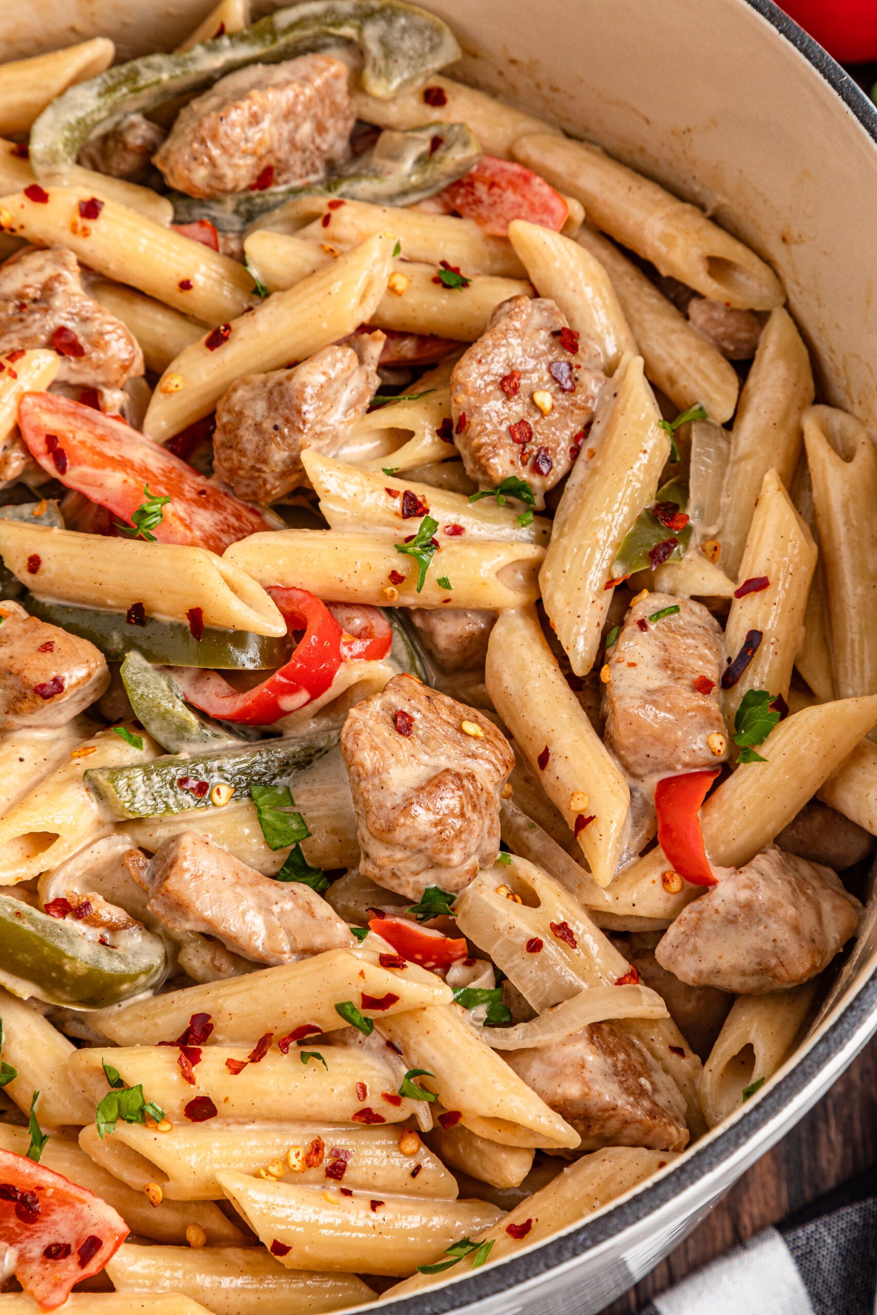 up close view of the Rasta Pasta in a large pot 