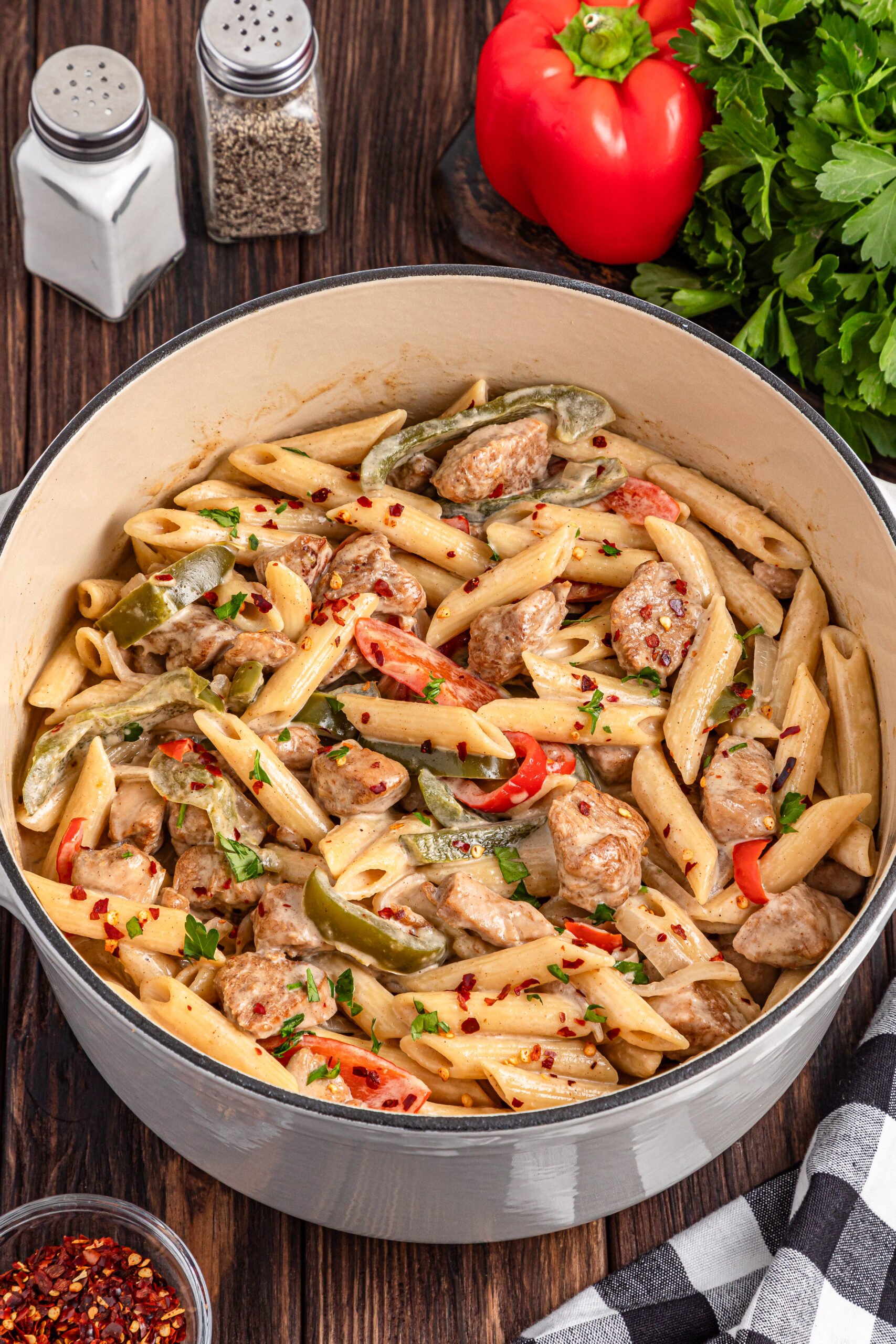 overhead  view of the Rasta Pasta in a large pot 