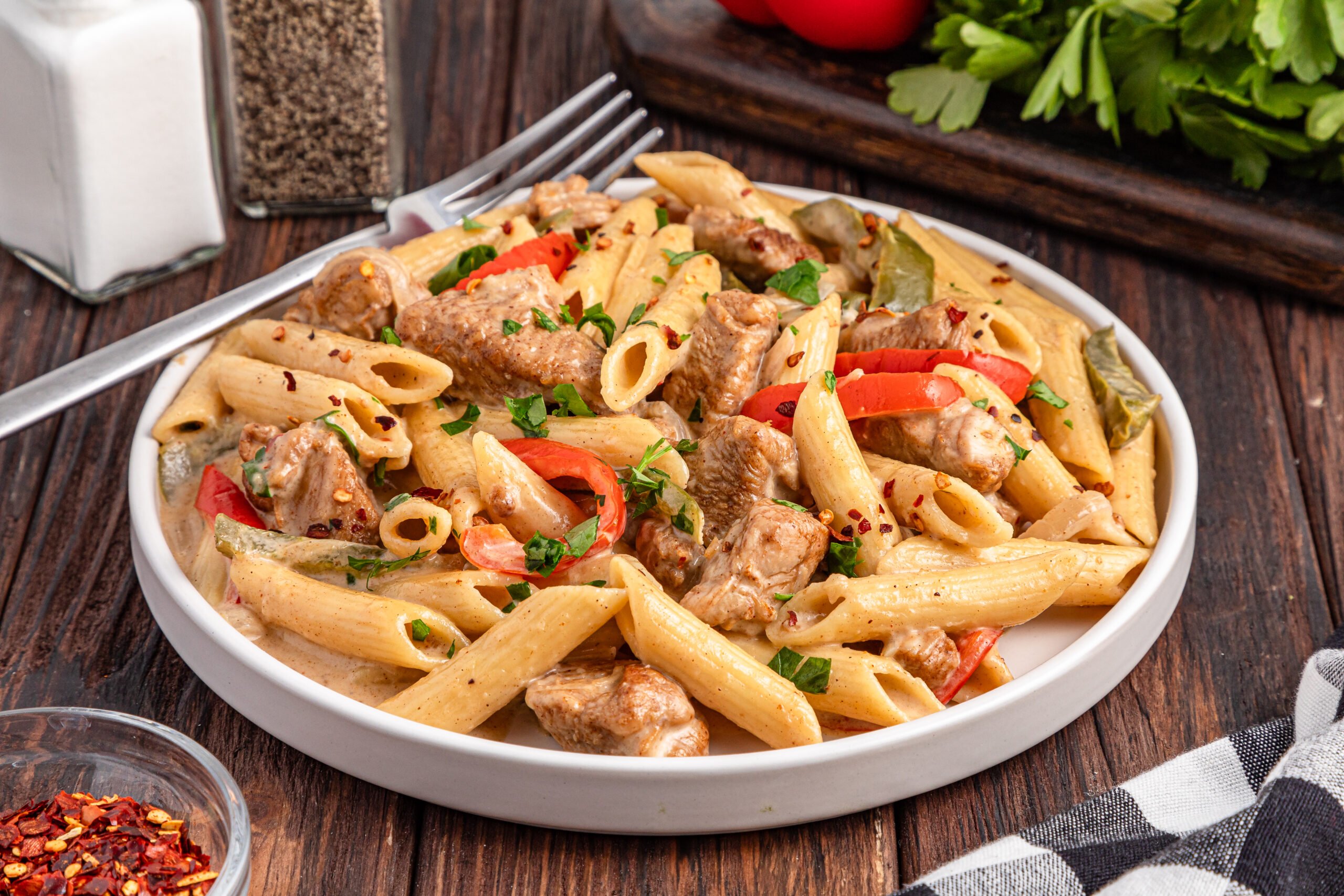 Rasta Pasta on a white plate on a dark wooden table