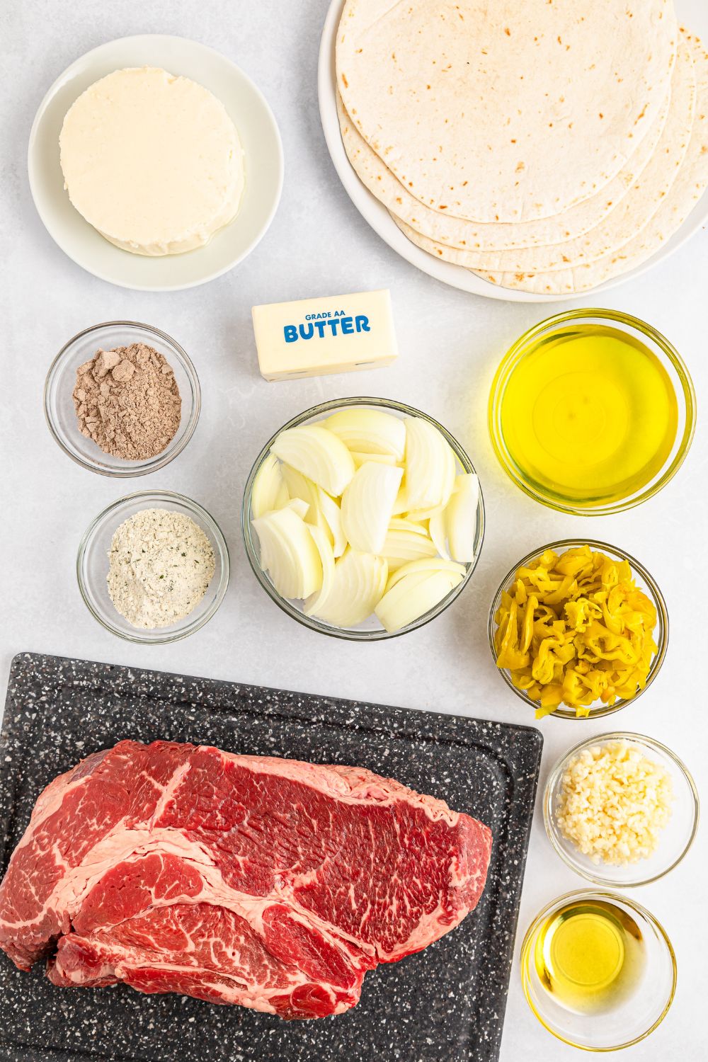 ingredients for Mississippi Pot Roast Quesadillas on table 