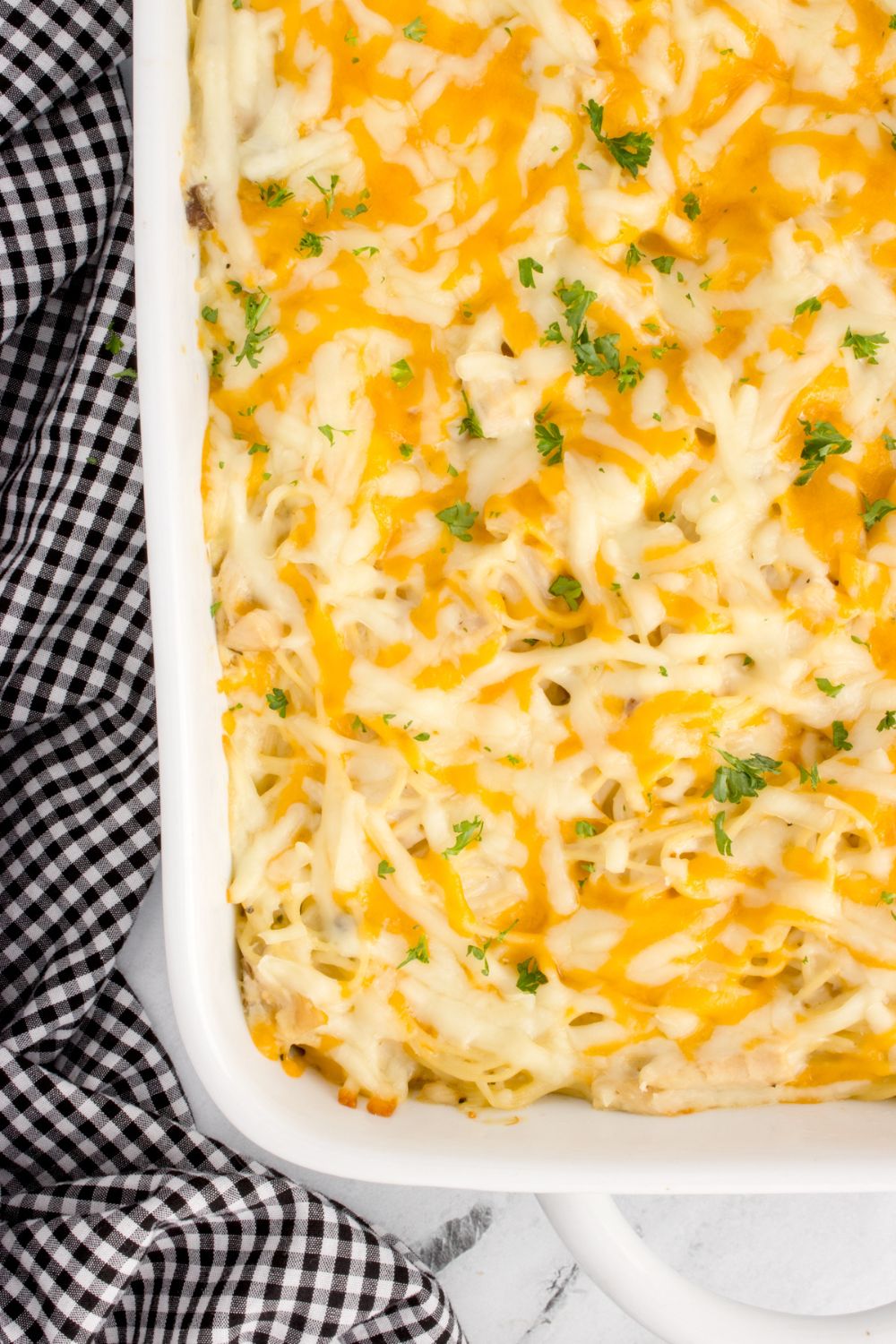 overhead look of chicken tetrazzini in pan on table 
