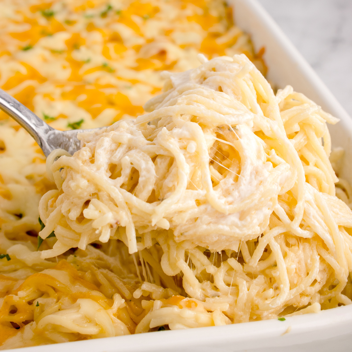 Chicken Tetrazzini in a pan with a spoonful being lifted out