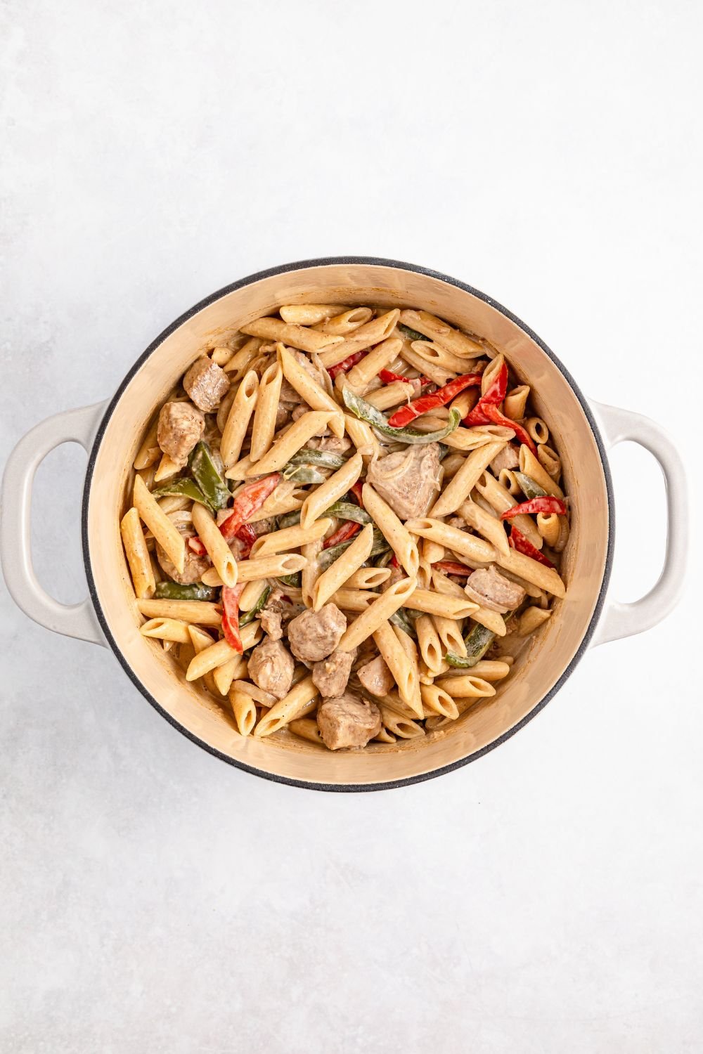cooked Rasta Pasta in a stockpot on table 
