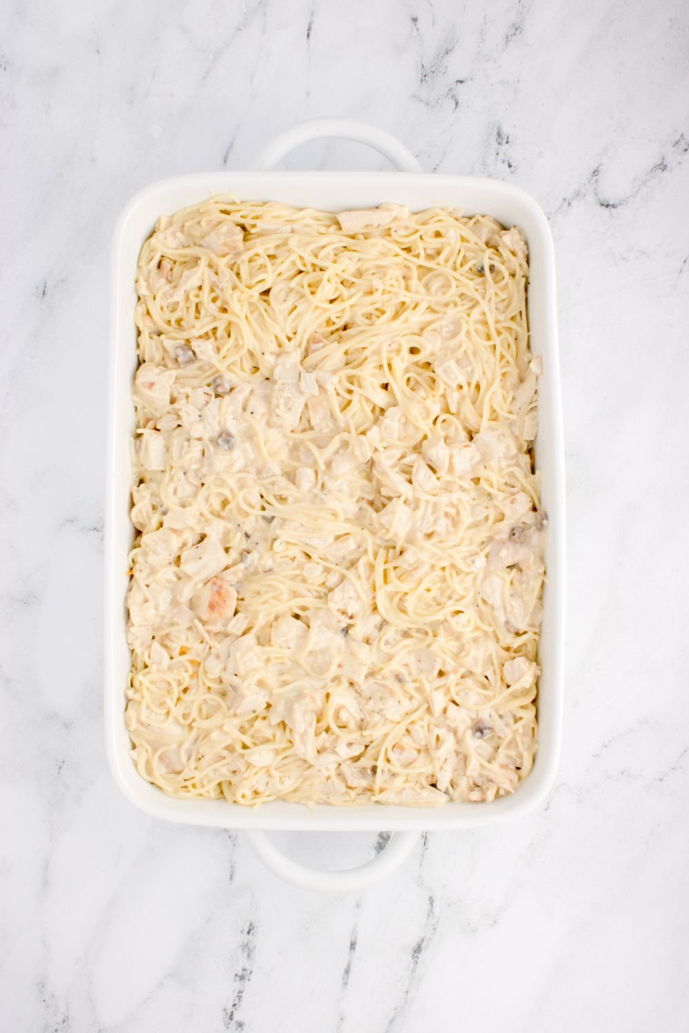 uncooked chicken tetrazzini in pan