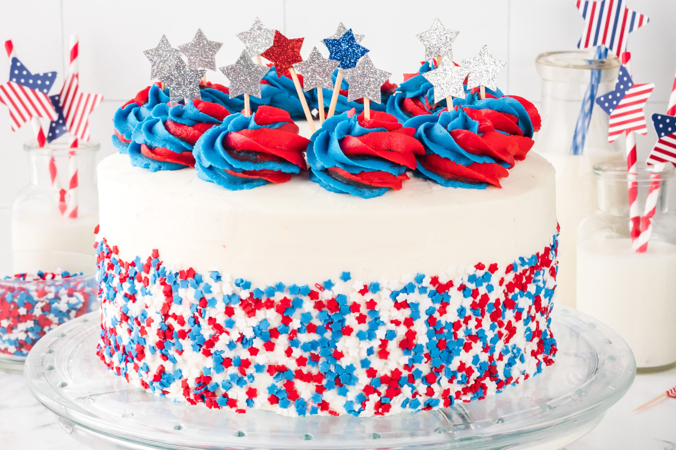 American Flag Layered Cake on a clear cake platter