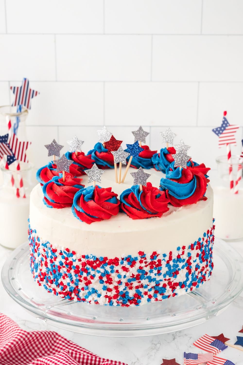 American Flag Cake on  cake plate on table 