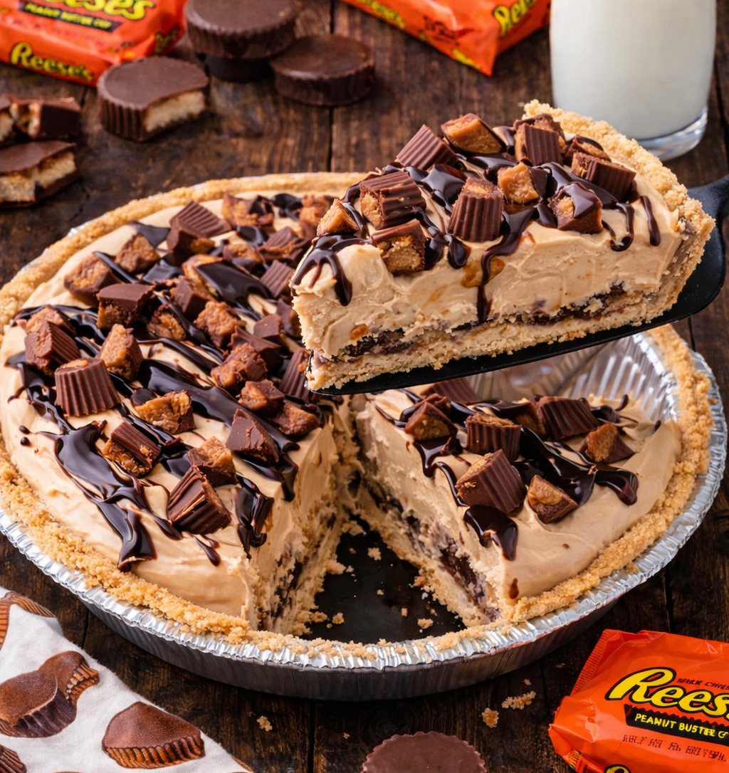 No Bake Reeses Peanut Butter Cup Pie with a slice being lifted up