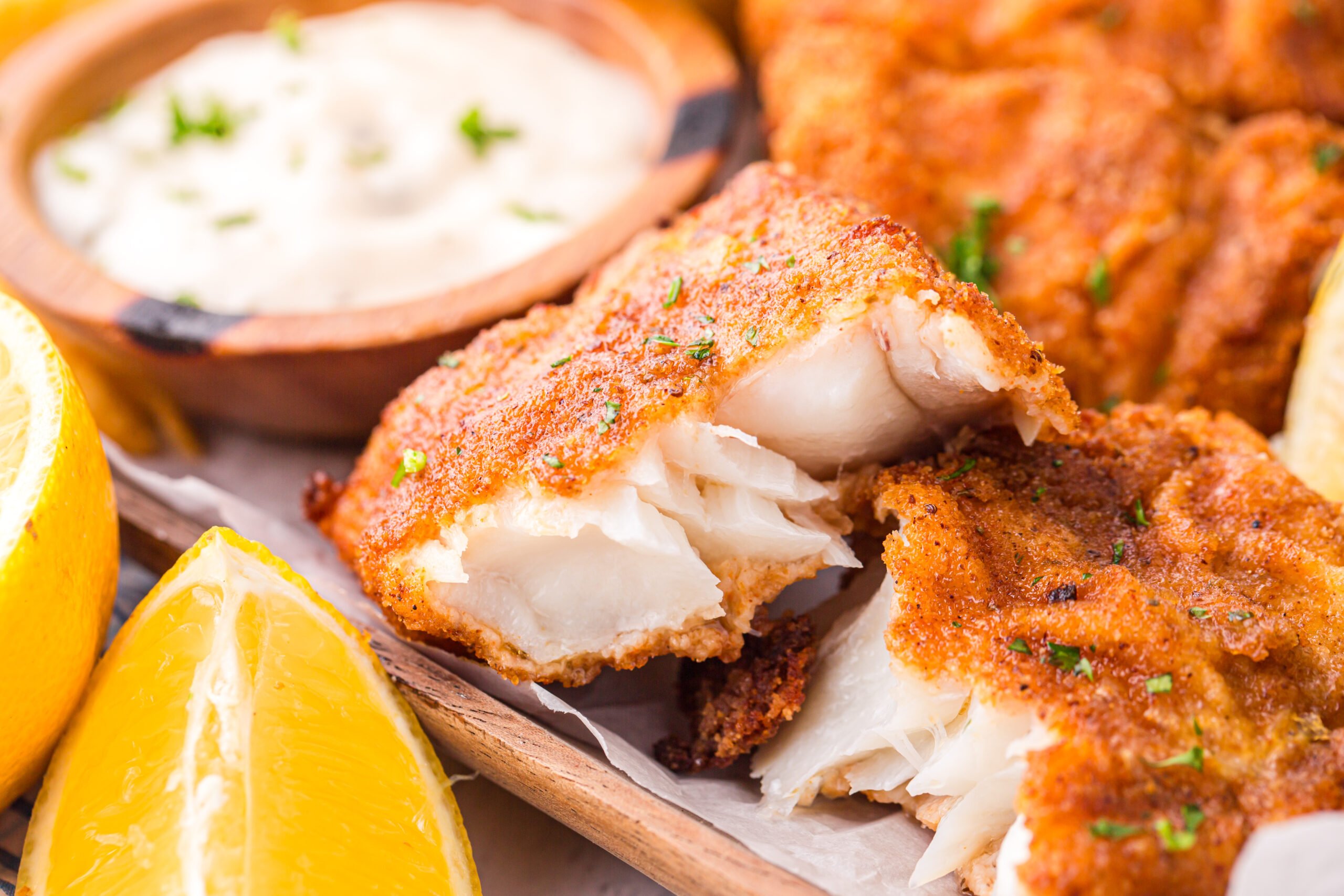 Up close shot of the Air Fryer Fish And Chips on a platter cut open so you can see the inside
