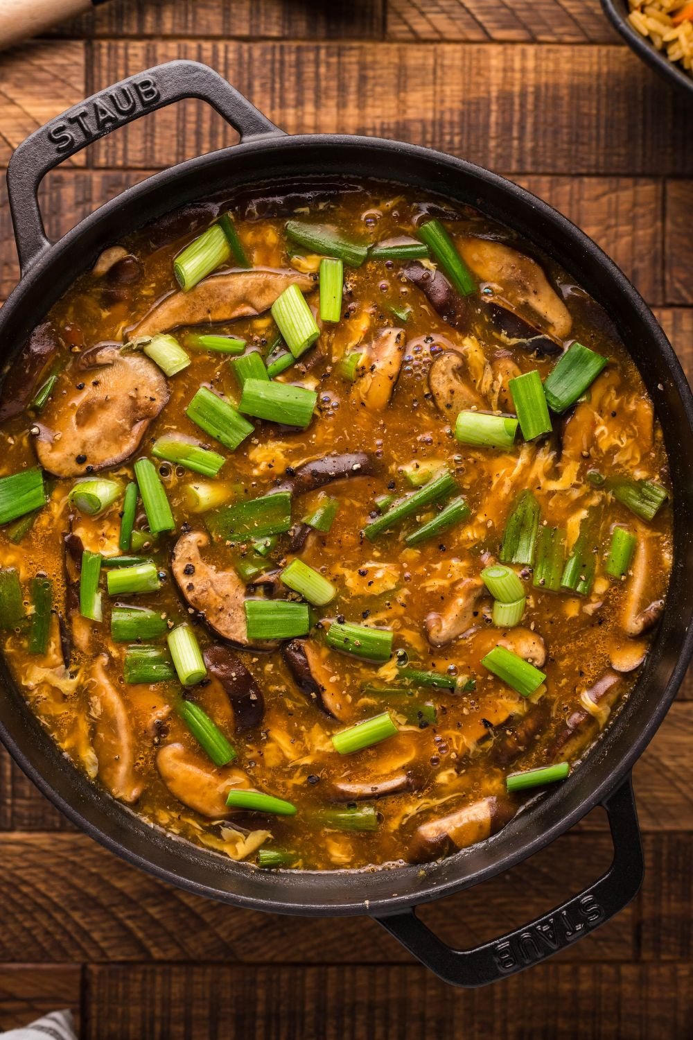 PF Changs Hot And Sour Soup in a metal pan on table 