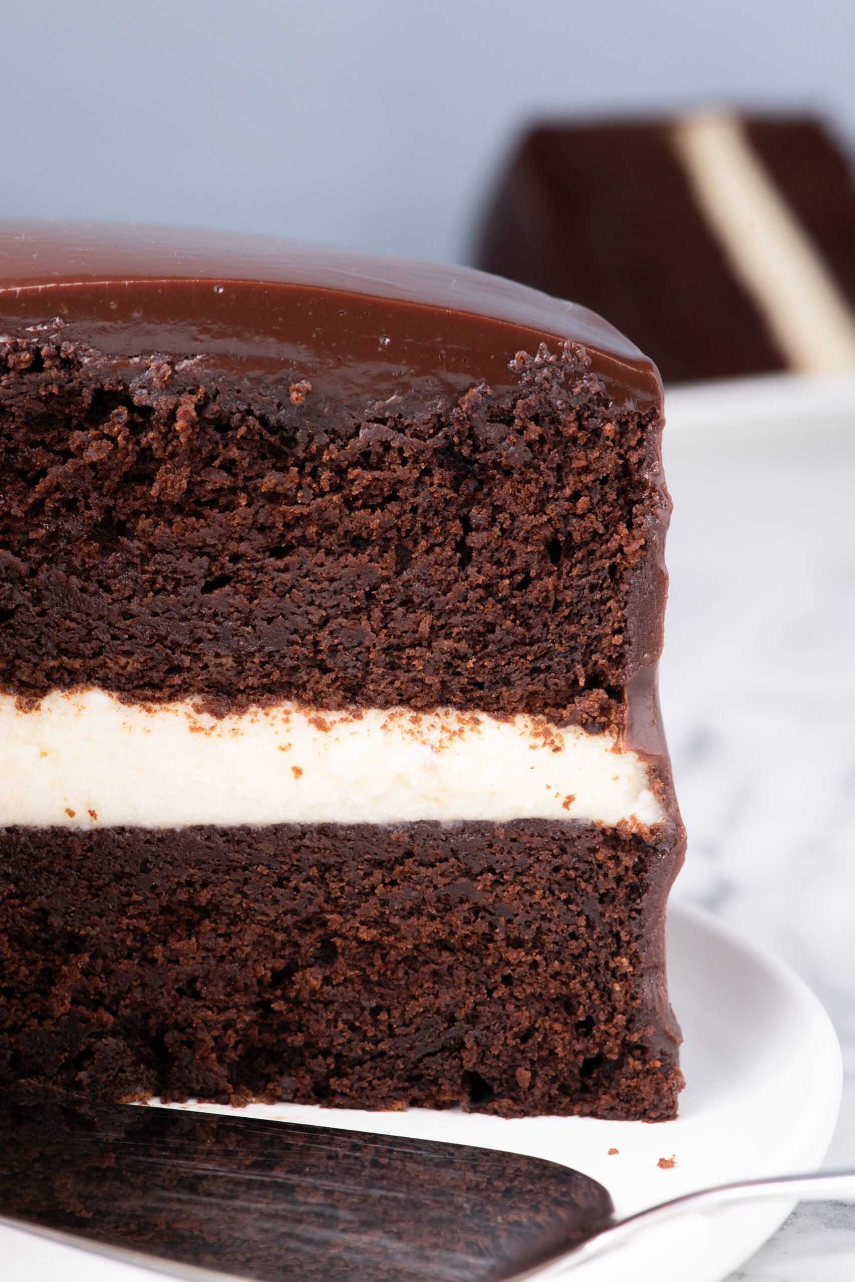 Side view of the inside of the ding dong cake showing the moist  layers