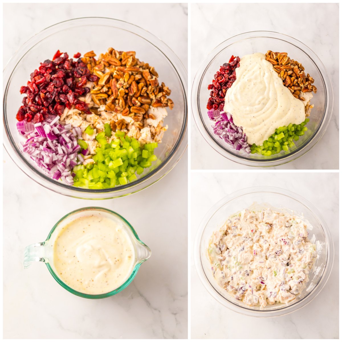 collage of the cranberry pecan chicken salad in a bowl ready to be mixed, then dressing added , then mixed 
