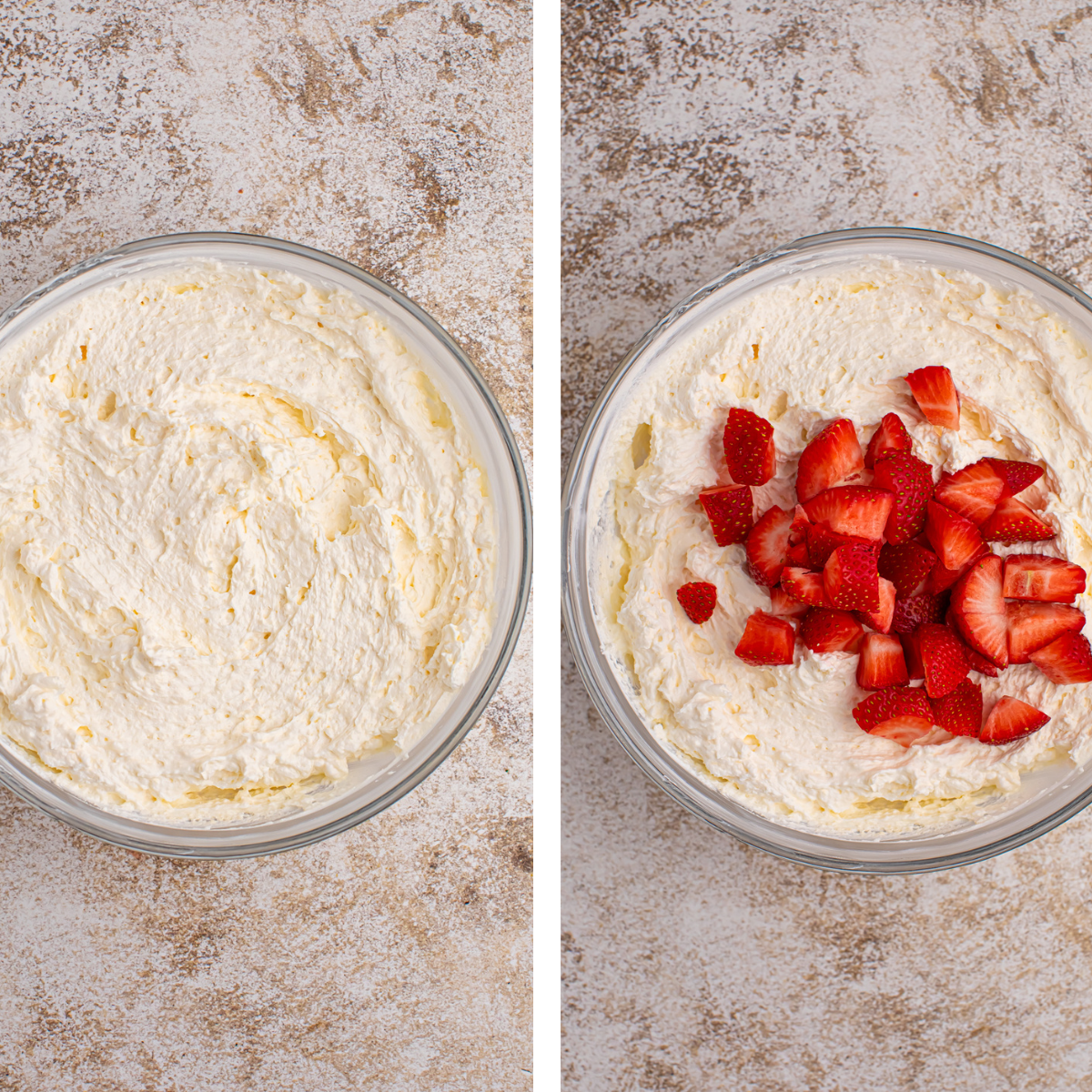 Overhead view with fresh strawberries before being folded into the salad. 