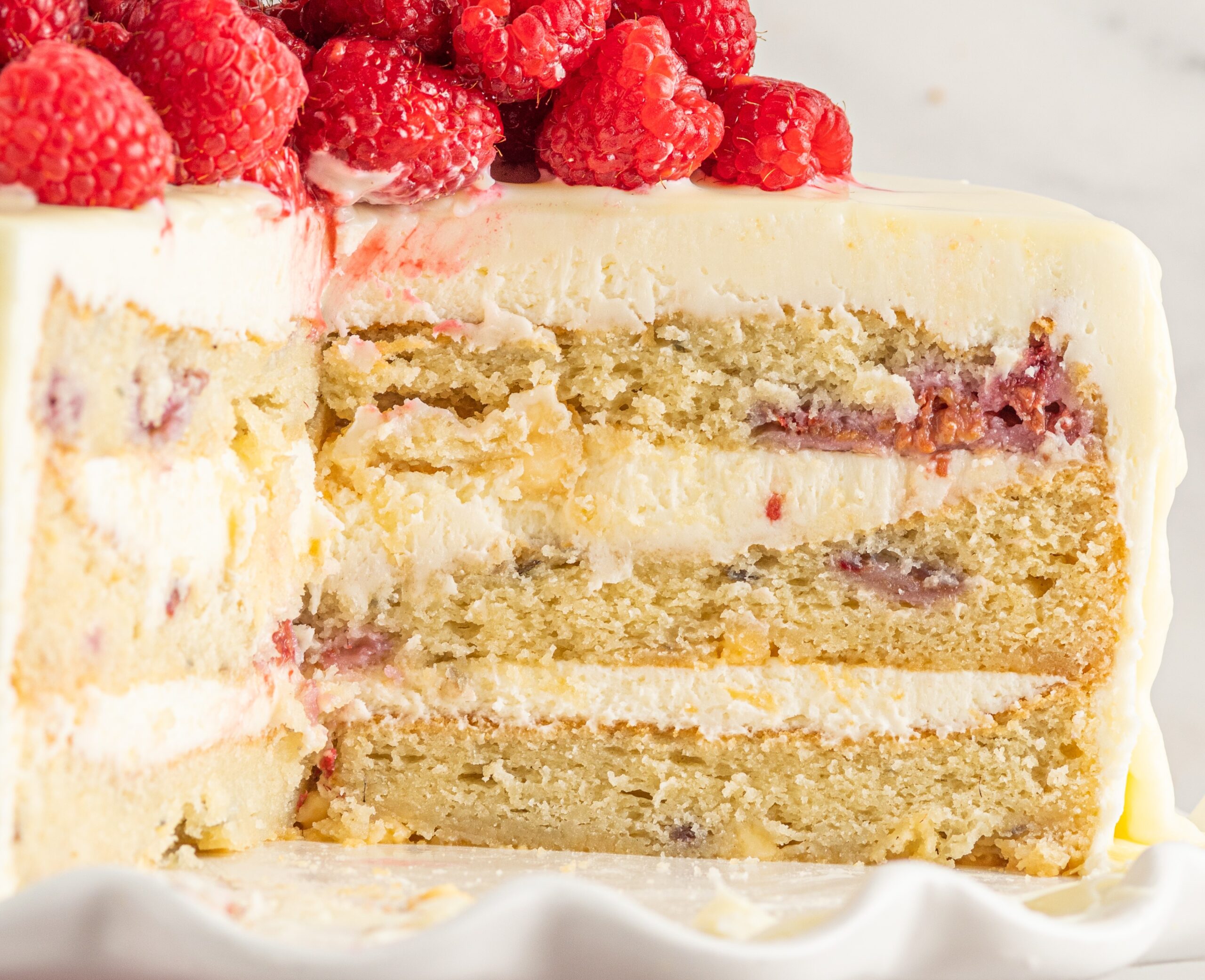 up close shot of the cake showing the inside layers