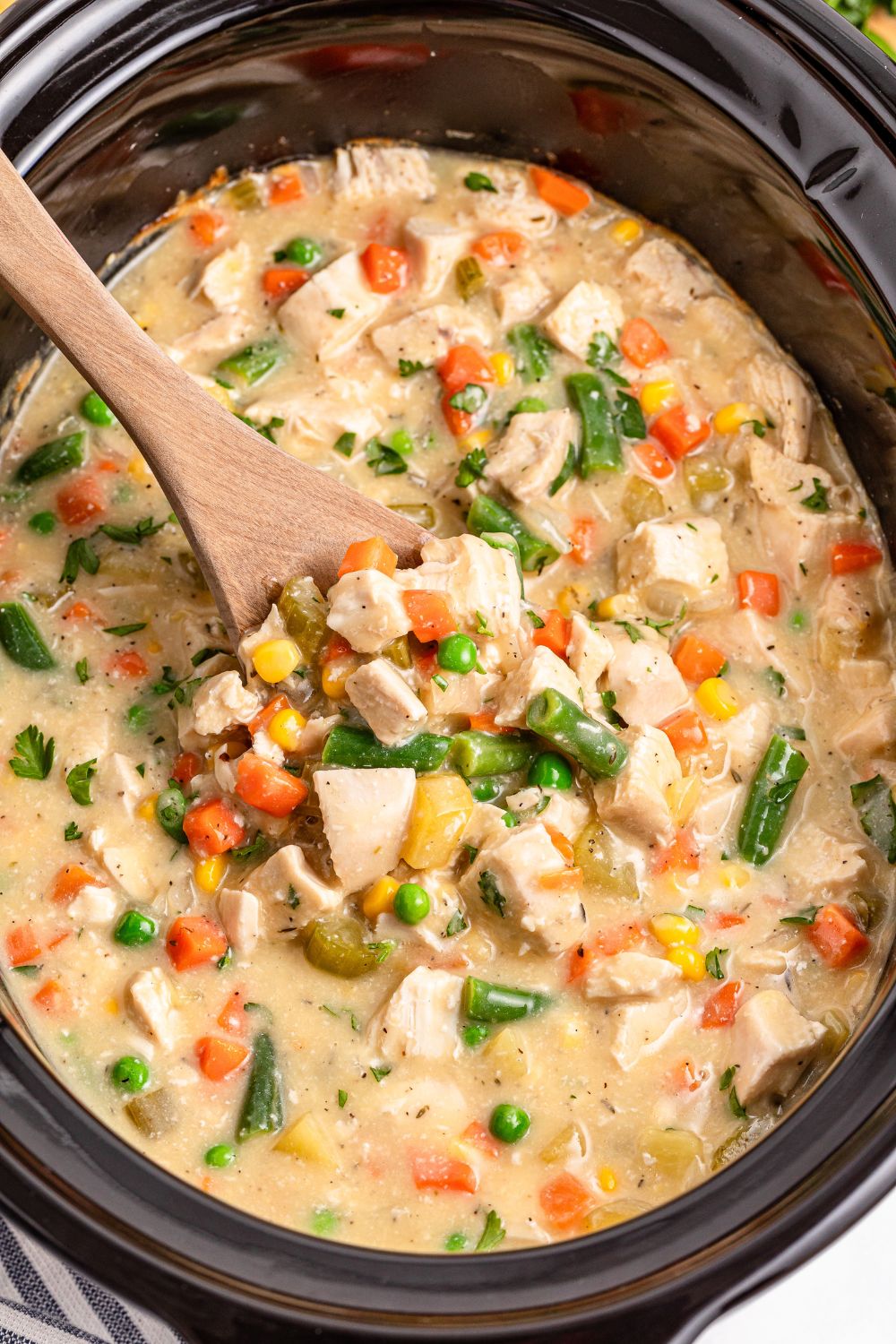 overhead look of Slow Cooker Chicken Pot Pie