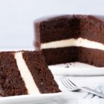 Ding Dong Cake on table with a slice of cake on plate