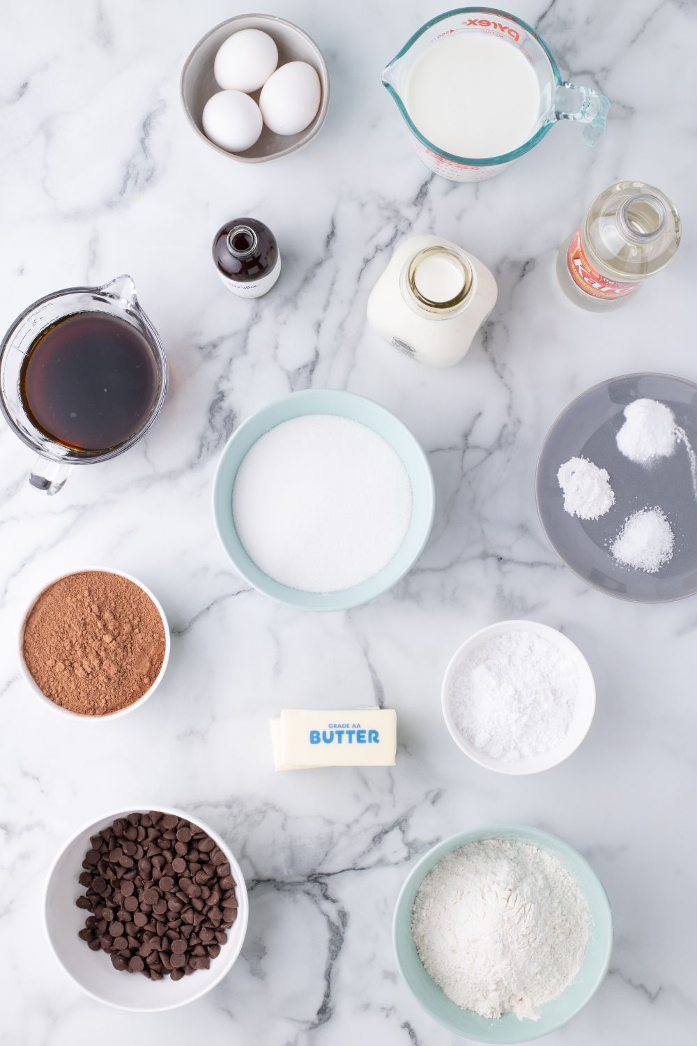 ingredients for ding dong cake in single serve bowls on table