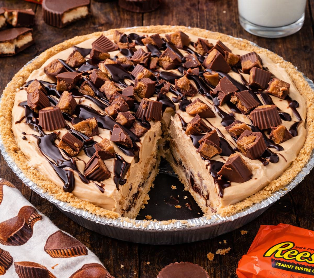 No Bake Reeses Peanut Butter Cup Pie in a silver pie dish with a slice missing 