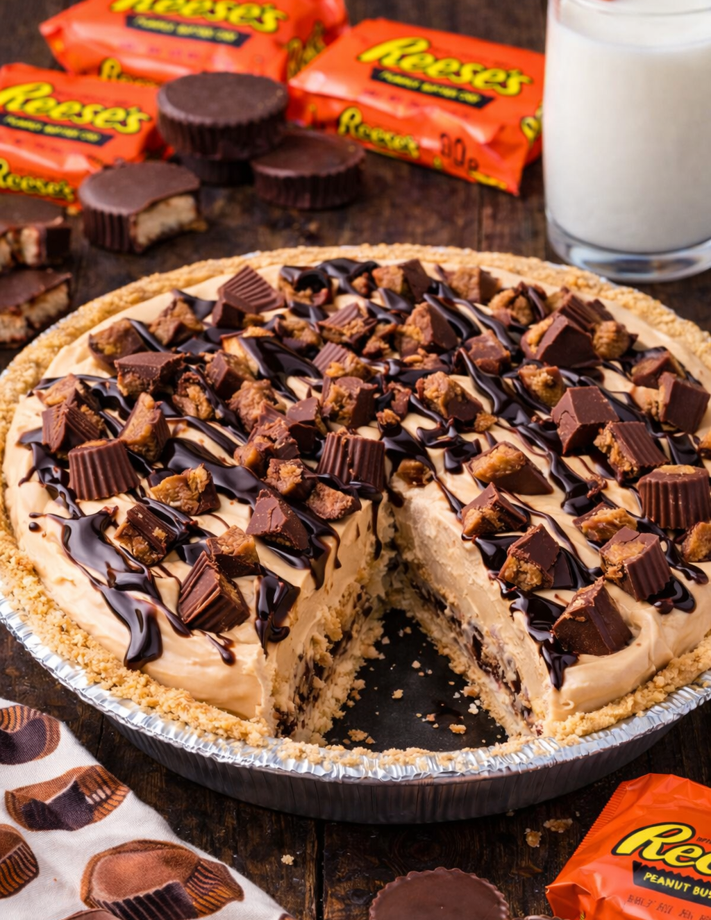 No Bake Reeses Peanut Butter Cup Pie on a dark wood table with a slice missing 