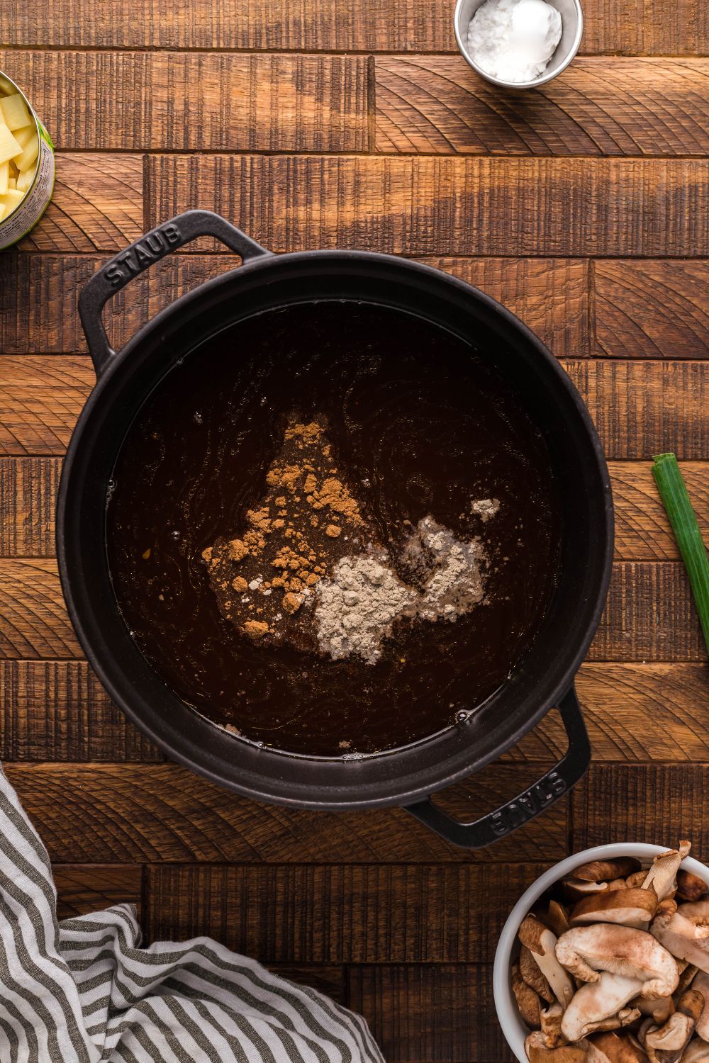 broth and spices in a pot for PF Changs Hot And Sour Soup