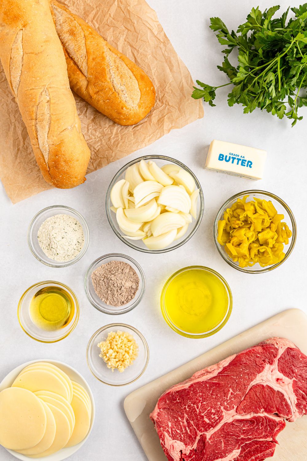 ingredients for Mississippi pot roast sandwiches on table in single serve bowls 
