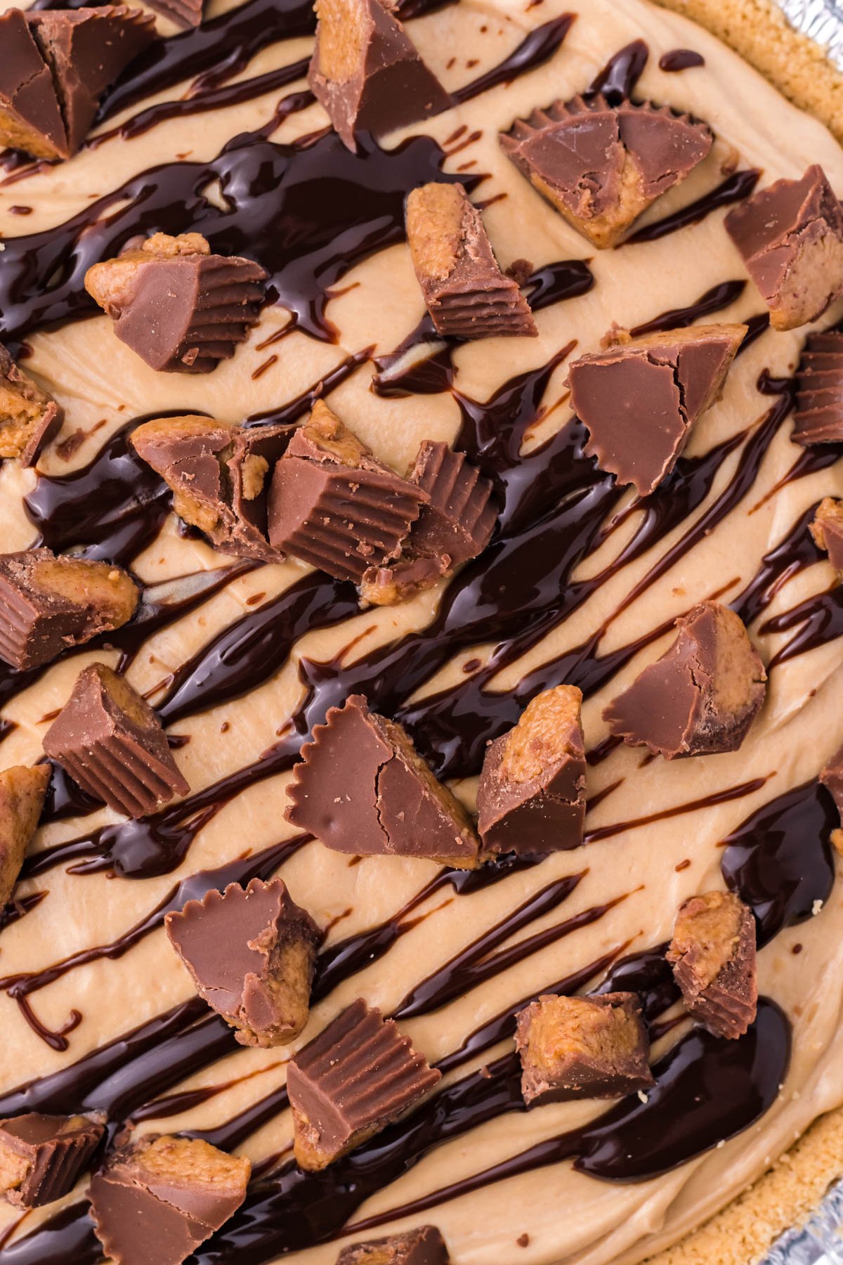 Close up shot of the hot fudge and Reese's cup topping