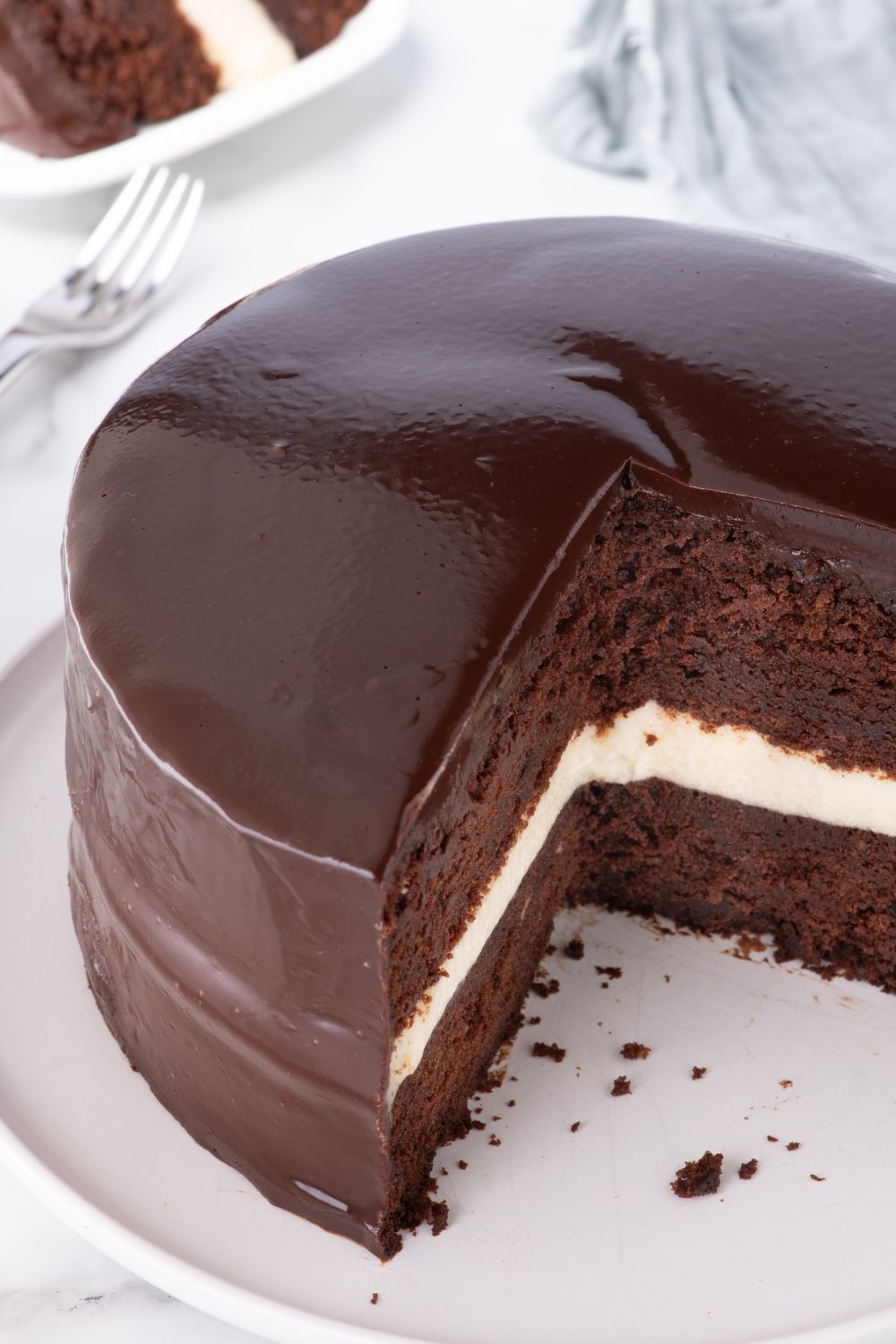 overhead look of Ding Dong Cake on table with a few slices taken out 