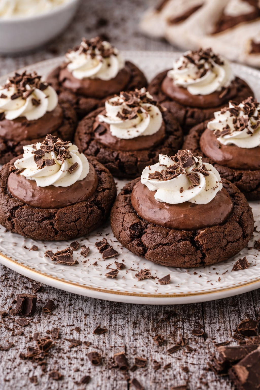 Chocolate Pie Cookies on a white plate topped with whipped cream and chocolate shavings 
