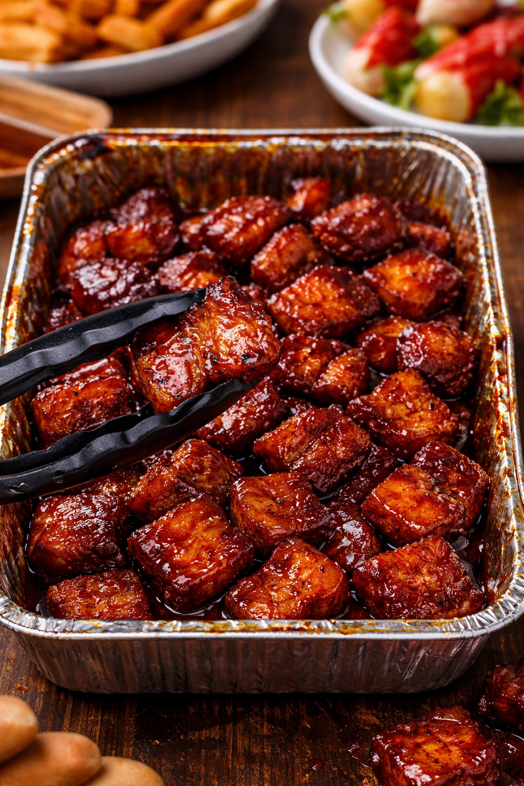 Smoked Pork Belly Burnt Ends in a foil container