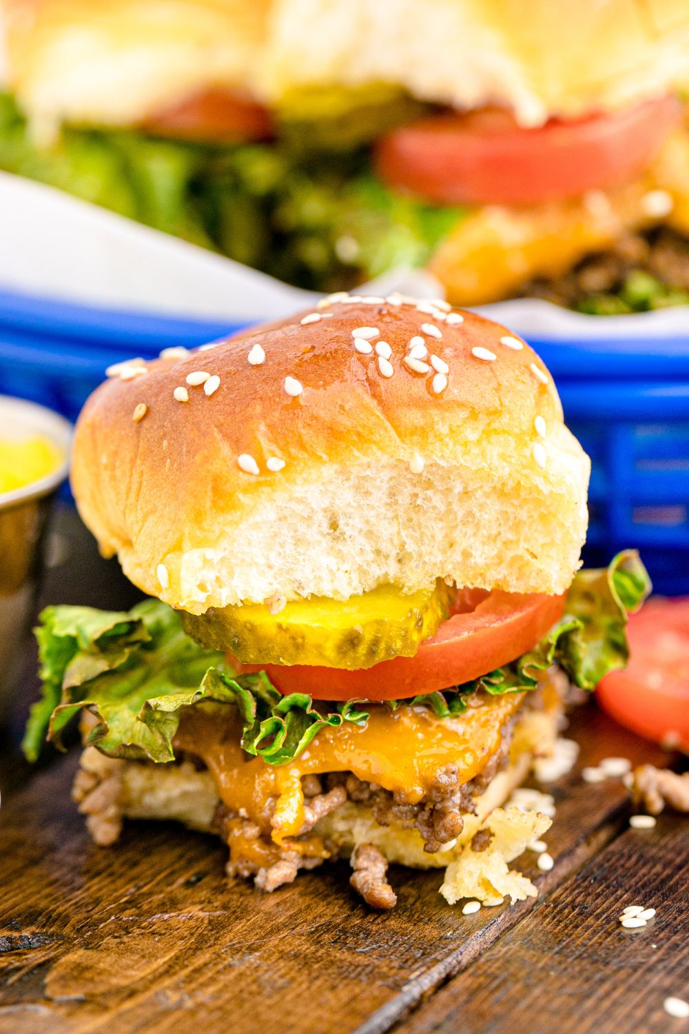 Classic Cheeseburger Sliders on table 