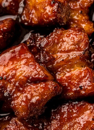 Smoked Pork Belly Burnt Ends up close showing texture smothered in glaze