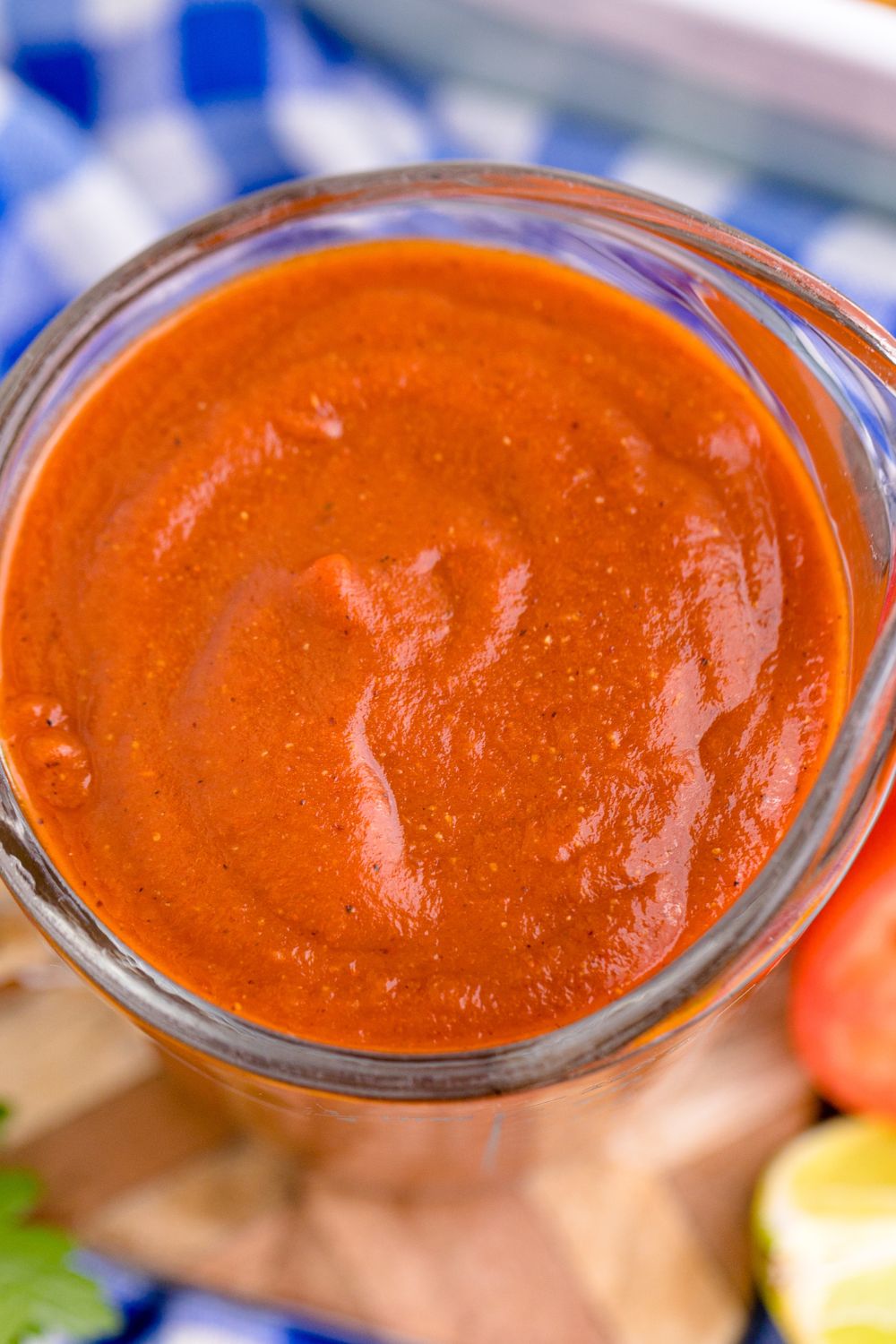 overhead view of Homemade Enchilada Sauce in a container 