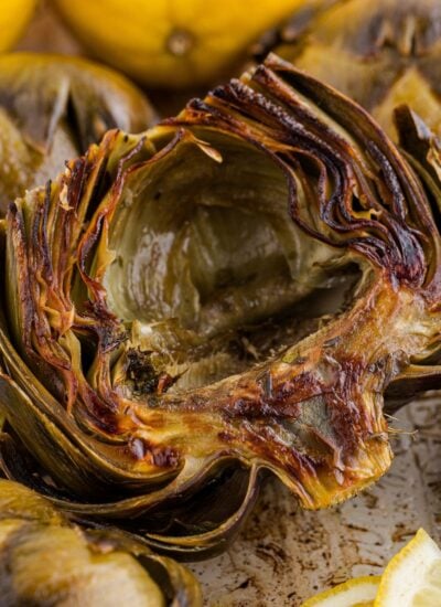 Oven Roasted Artichokes on a roasting tray