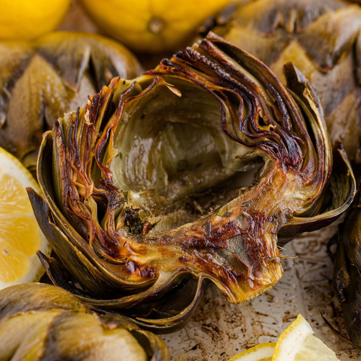 Oven Roasted Artichokes on a roasting tray 