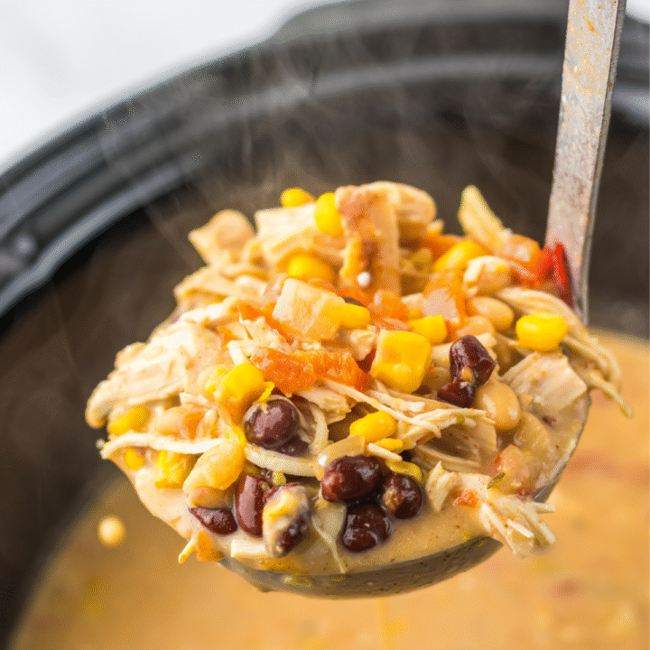 A ladle removing some of the tortilla soup from the slow cooker.  