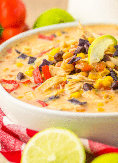 Close up side view of Slow Cooker Tortilla Soup in a white bowl with a tortilla chip topping.