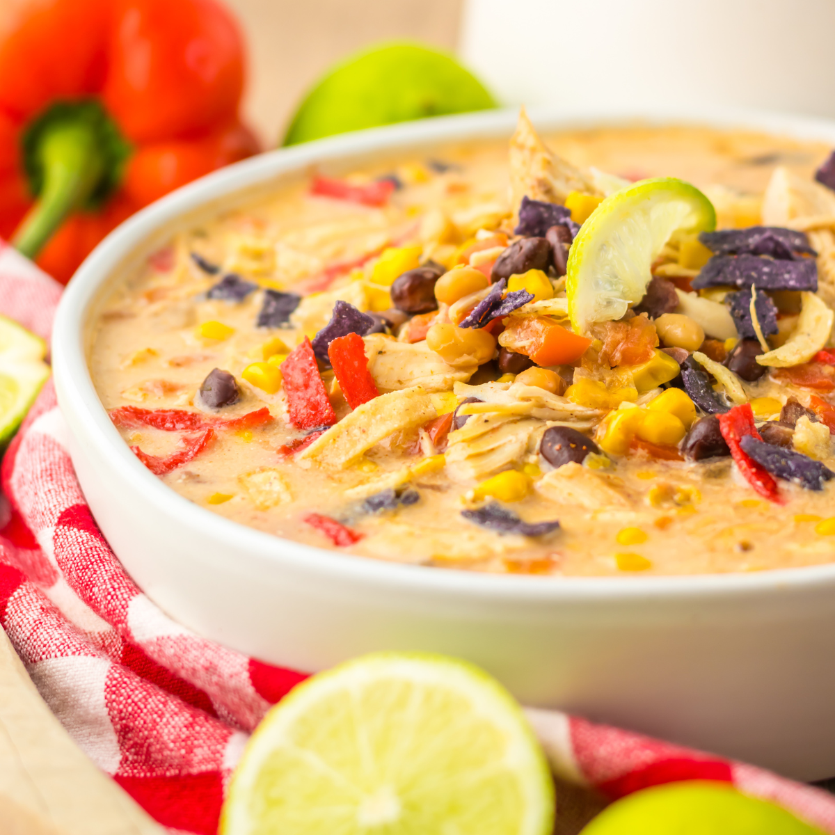 Close up side view of Slow Cooker Tortilla Soup in a white bowl with a tortilla chip topping. 