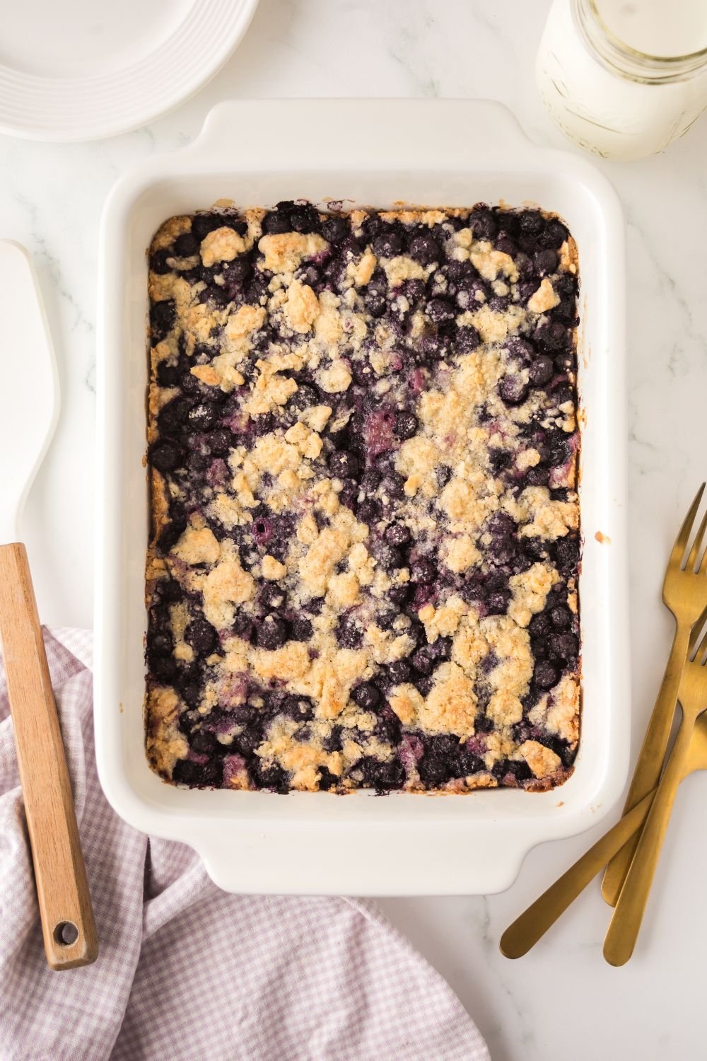 overhead view of Blueberry Crumb Bars in casserole dish 